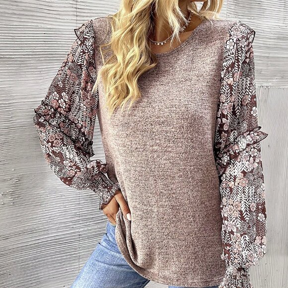 Coffee Brown Casual Women's Crew Neck Floral Blouse - Picture 6 of 7